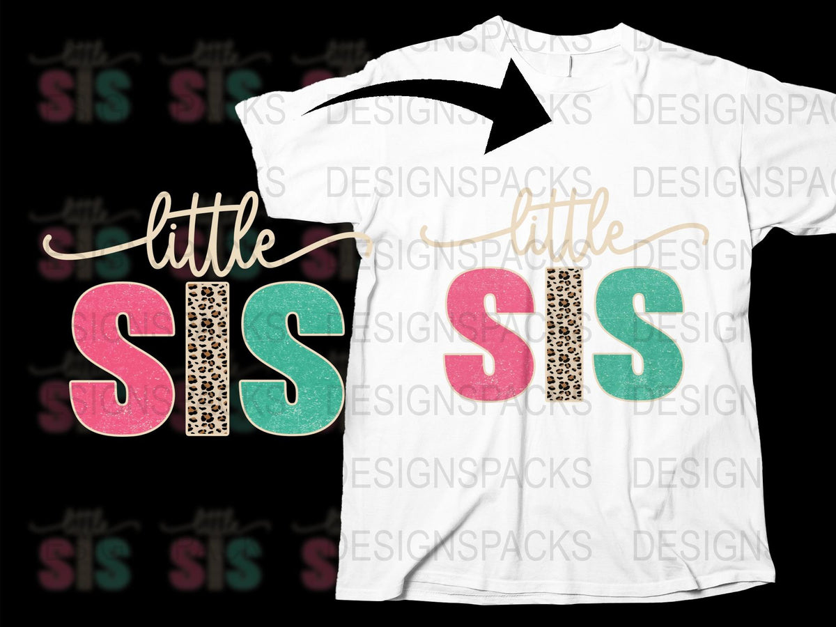 Little Sis T-Shirt, Leopard and Teal Print, Cute Sister Gift, Trendy Graphic Tee for Girls