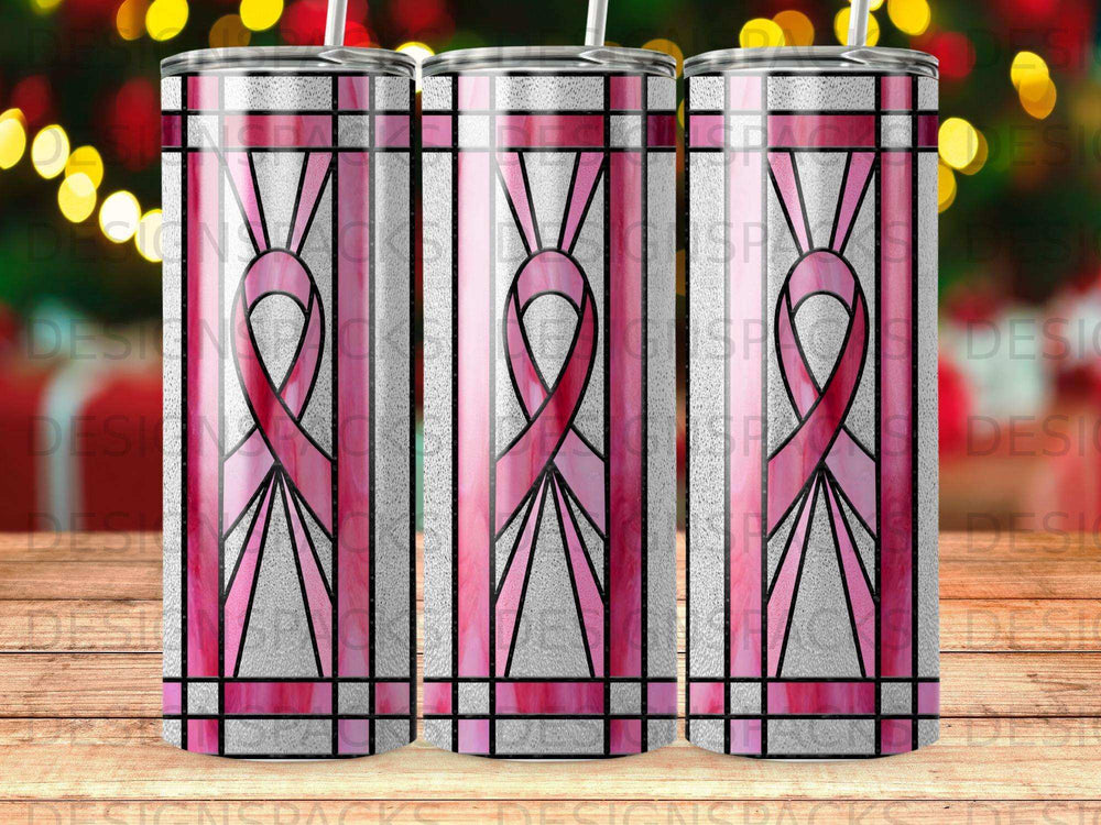 Pink ribbon stained glass pattern on a tumbler.