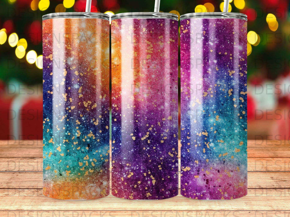 Three tumblers with a glittery, colorful abstract pattern of purple, orange, and teal.
