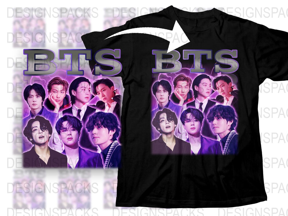 BTS Band T-Shirt, K-Pop Music Fan Merch, Unisex Purple Graphic Tee, Group Photo Design