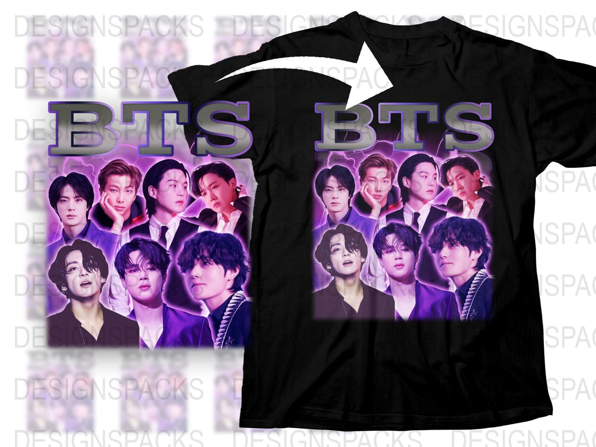 BTS Band T-Shirt, K-Pop Music Fan Merch, Unisex Purple Graphic Tee, Group Photo Design