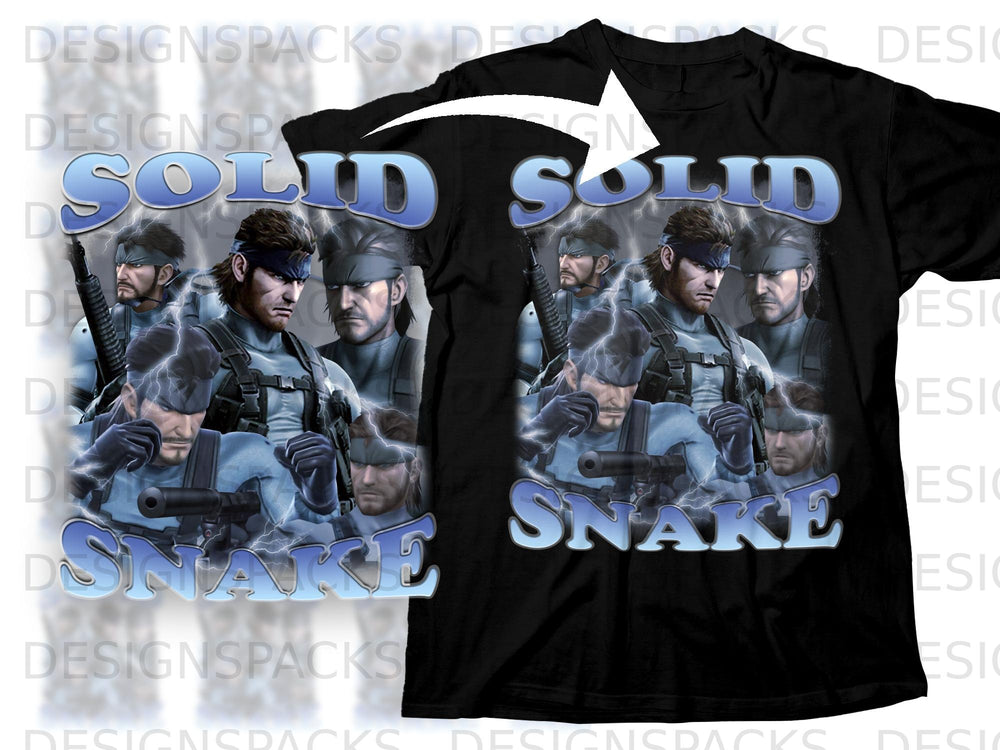 Black t-shirt with "Solid Snake" and character art.