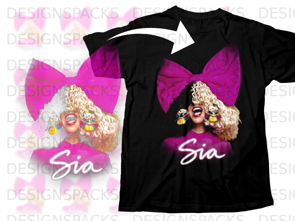 Black t-shirt with Sia's portrait, a large pink bow, and her name.