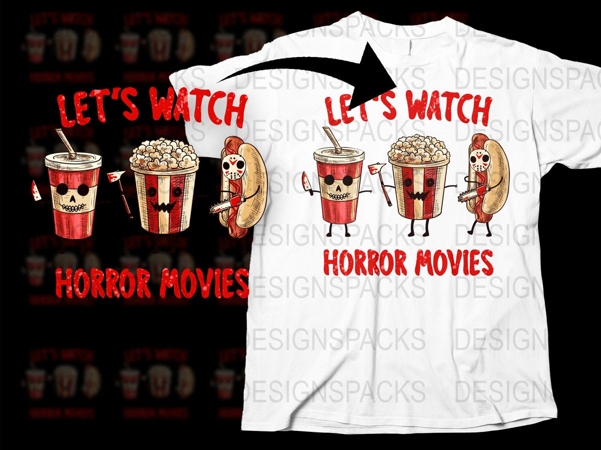 Let's Watch Horror Movies T-Shirt, Funny Popcorn and Soda Graphic Tee, Unisex Horror Film Lover Gift Idea