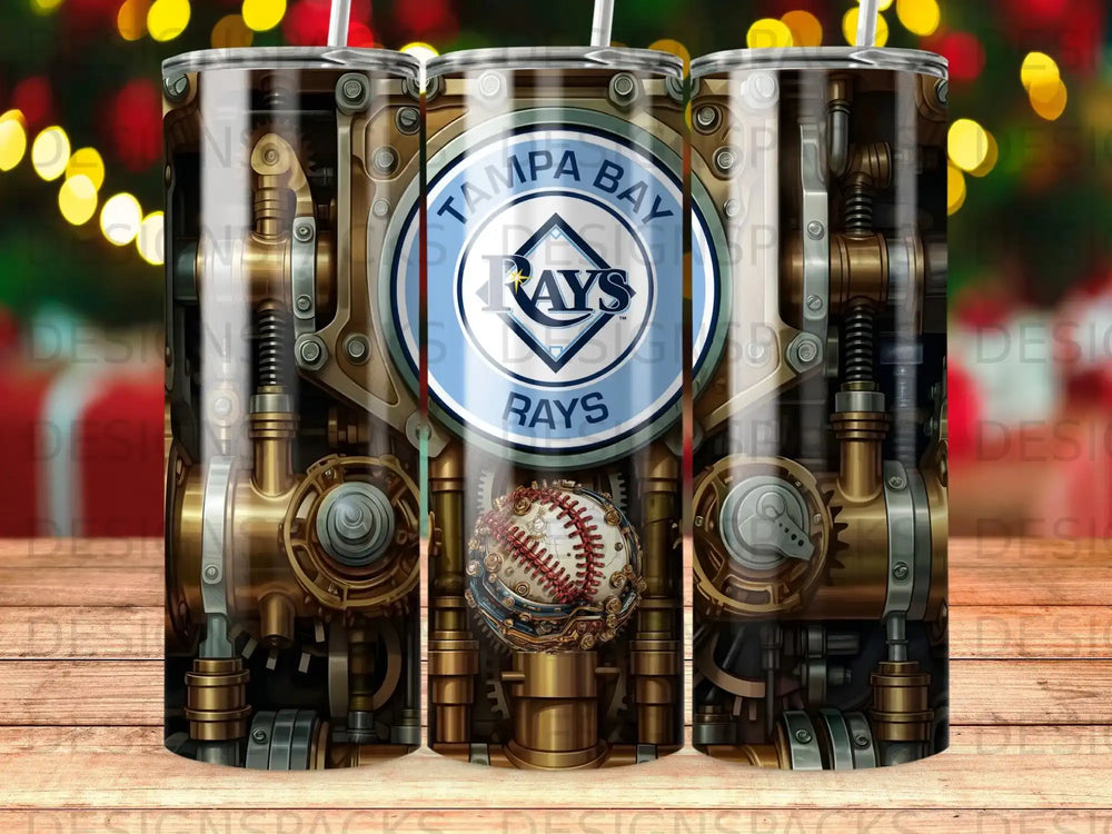 Tampa Bay Rays logo with steampunk gears and baseball design on tumblers.