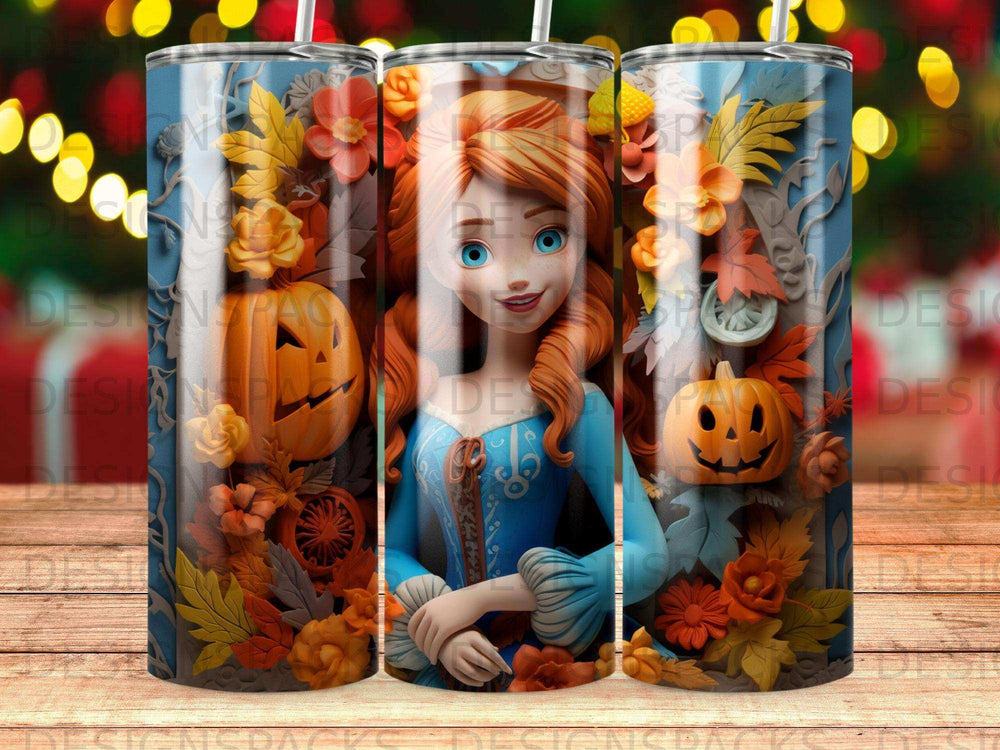 Cartoon woman with red hair and a blue dress on a tumbler with pumpkins and fall leaves.