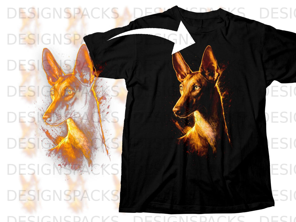 Black t-shirt featuring a graphic of a pharaoh hound with fiery accents.