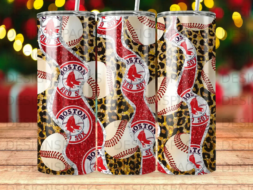 Boston Red Sox tumbler with baseballs and leopard print pattern.