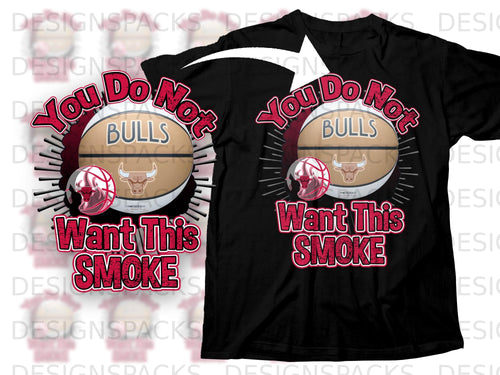 Black t-shirt with Bulls logo, basketball, and text 