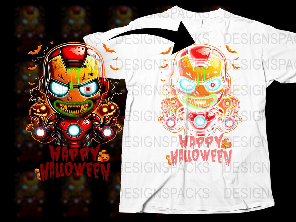 Happy Halloween T-Shirt, Spooky Robot Skull Graphic, Bright Colors, Men's Women's Unisex Tee