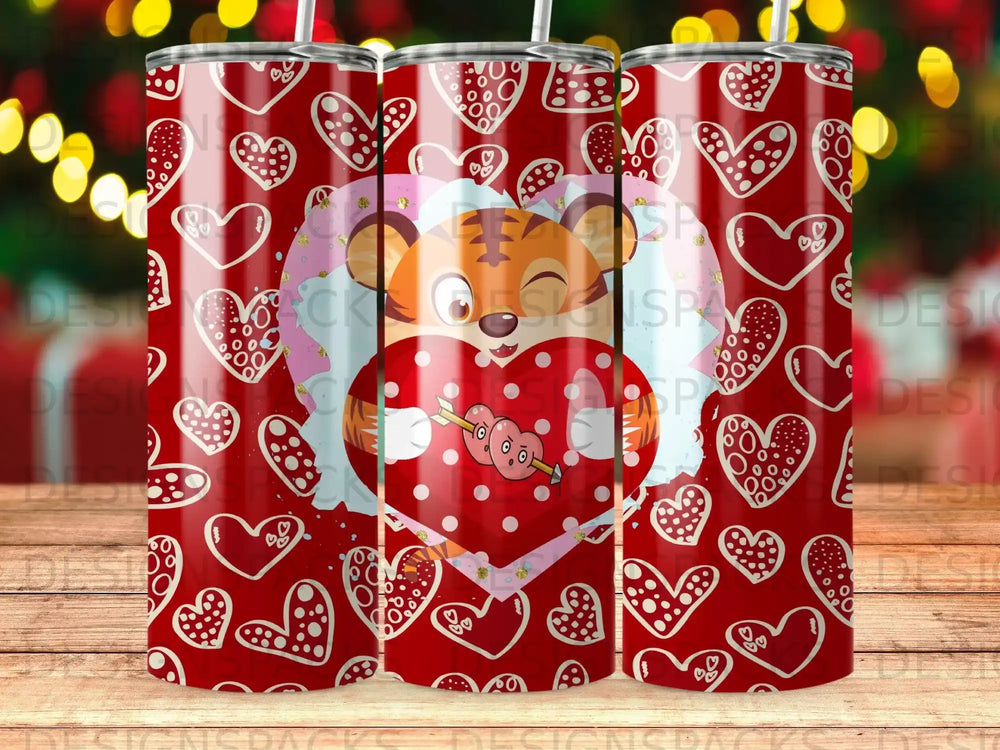 Tiger with heart and cupid's arrows on a red heart pattern background.