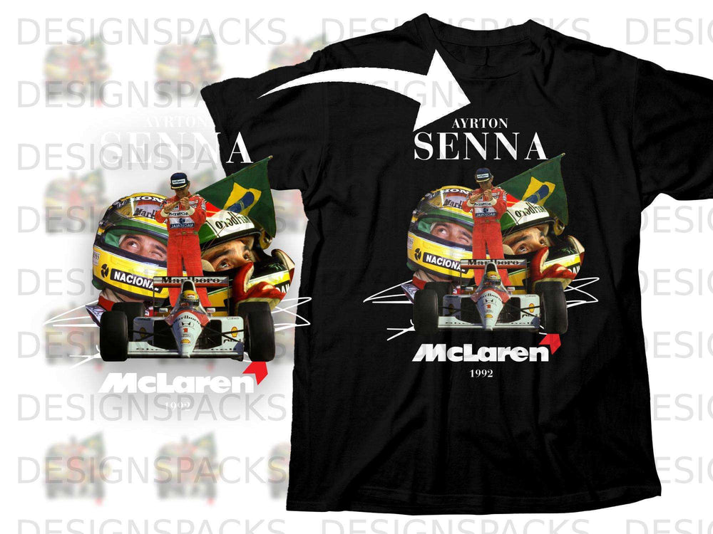 Black t-shirt with Ayrton Senna and McLaren 1992 graphic.