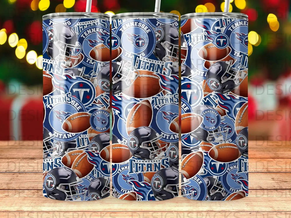 Collage of Tennessee Titans helmets, footballs, and team logo on a patterned background.