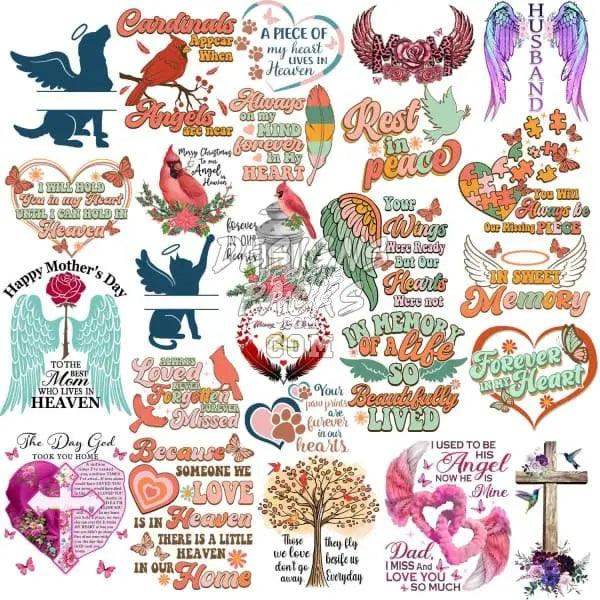 Print-ready memorial designs with angels, hearts, and crosses for DTF, DTG, embroidery, and tumbler wraps.