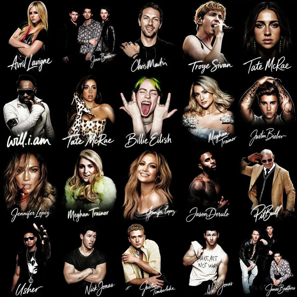 Celebrity portraits collage with artist names, ideal for DTF, DTG, embroidery & tumbler wrap designs