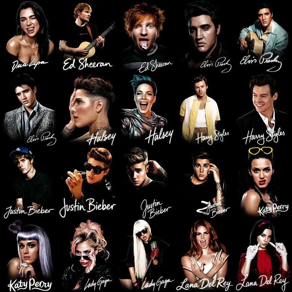 Celebrity portraits with signatures: Dua Lipa, Ed Sheeran, Elvis, Halsey, Harry Styles, Justin Bieber, Katy Perry, Lady Gaga, Lana Del Rey