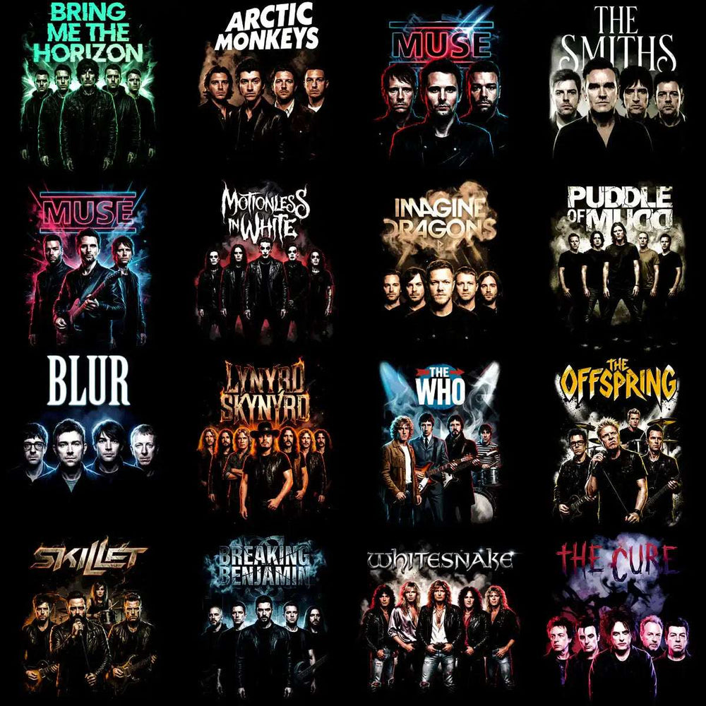 Rock band t-shirt designs featuring Bring Me The Horizon, Arctic Monkeys, Muse, The Smiths, and more for DTF/DTG printing