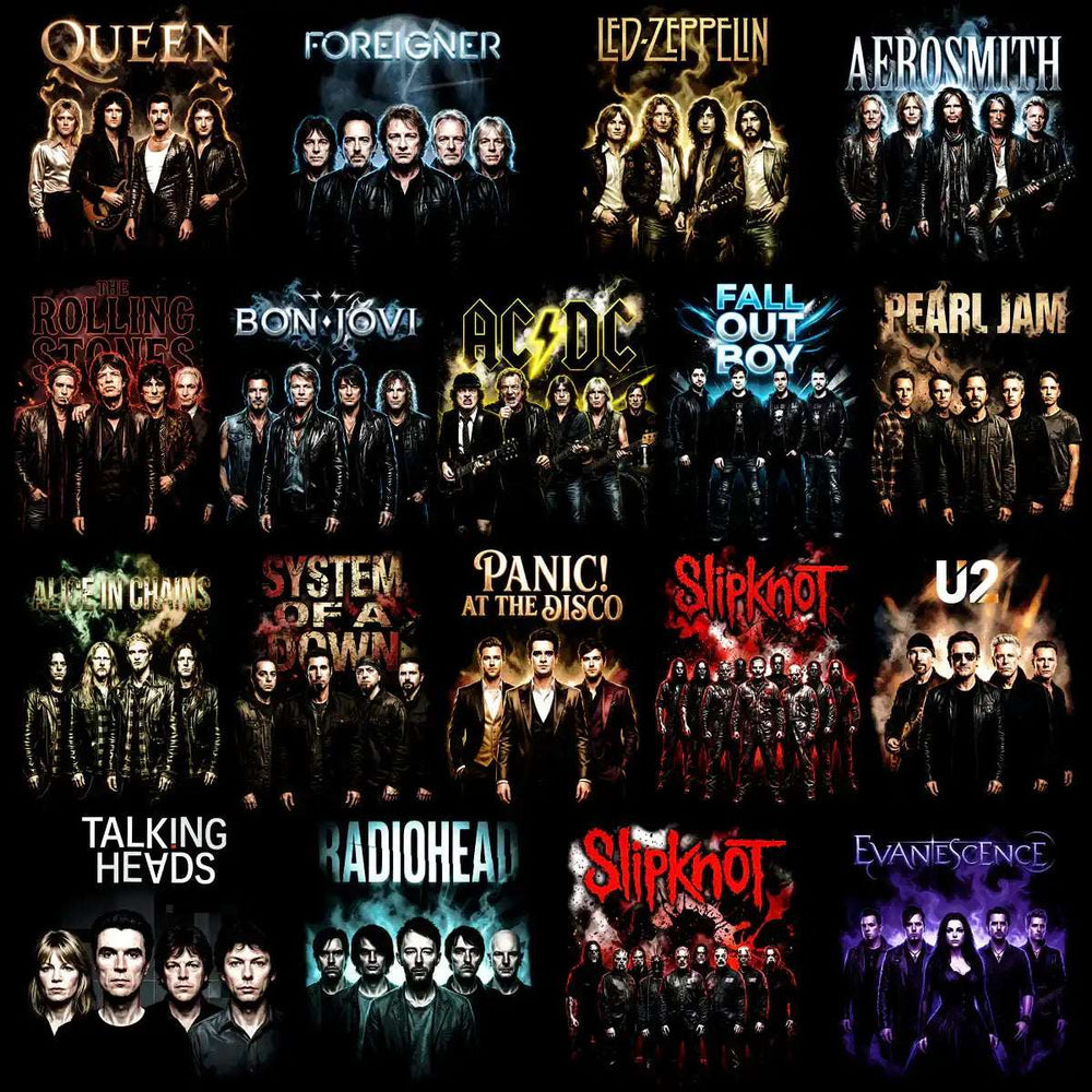 Rock band collage featuring Queen, AC/DC, Metallica, and more for DTF, DTG, embroidery designs