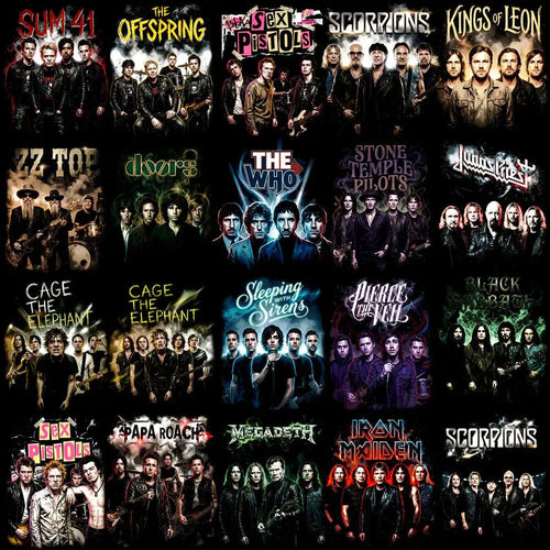 Rock band collage with Sum 41, Scorpions, Iron Maiden, and more — print-ready PNG designs for DTF/DTG
