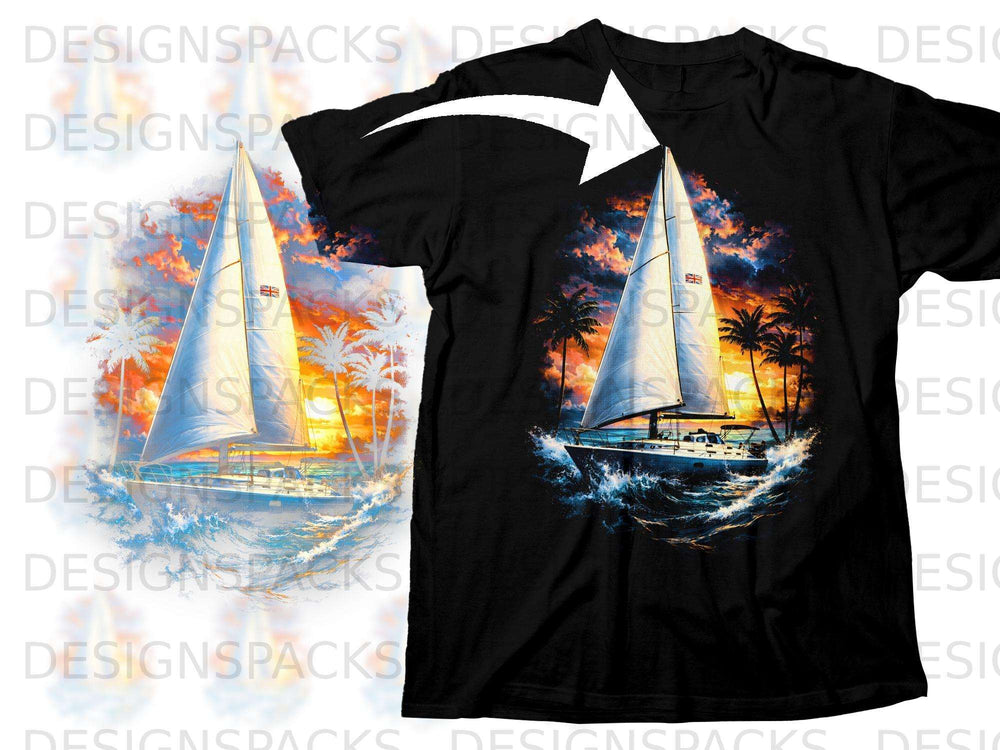 Black t-shirt featuring a sailboat at sunset with palm trees and crashing waves.