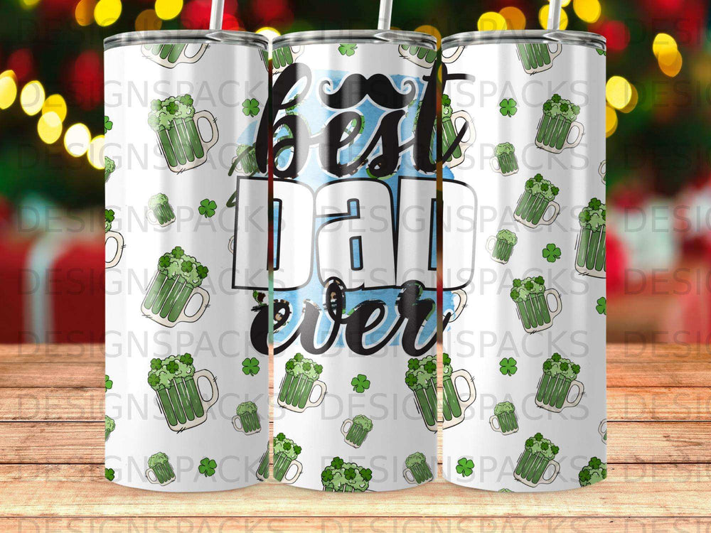 Tumbler with "Best Dad Ever" and green beer mugs pattern.