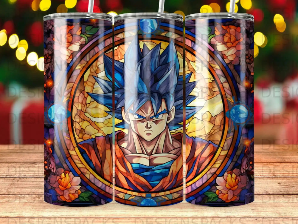 Stained glass Goku portrait with floral borders.