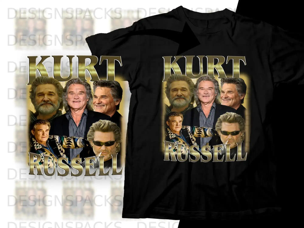 Kurt Russell collage t-shirt design with multiple portraits and text.