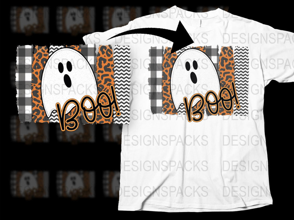 Halloween Ghost T-Shirt, Cute 'Boo' Text, Orange Black Pattern, Unisex Adult Casual Tee