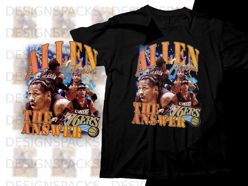T-shirt featuring Allen Iverson, "The Answer," with "6ers" and player graphics.