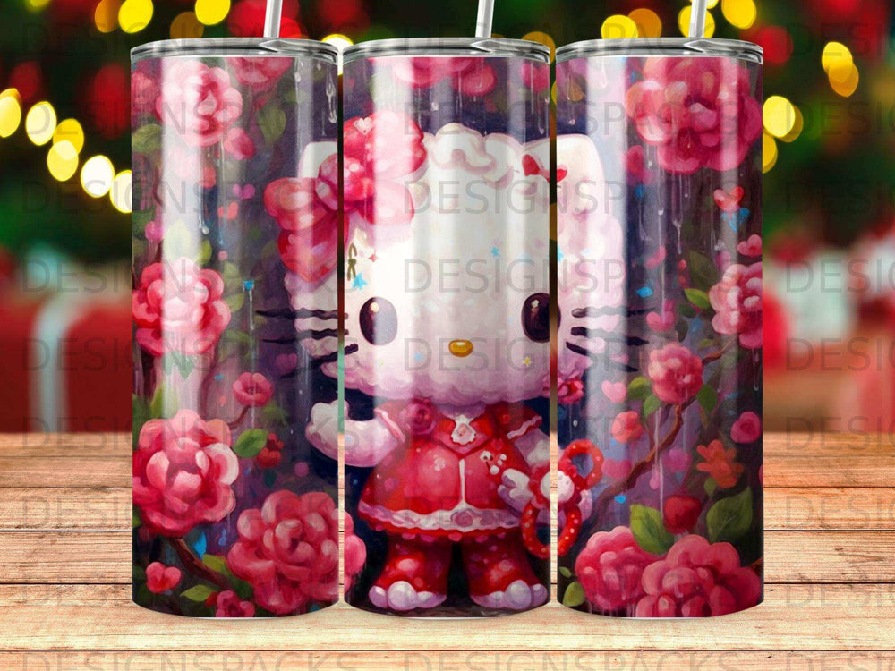 Hello Kitty in a red dress surrounded by pink flowers.
