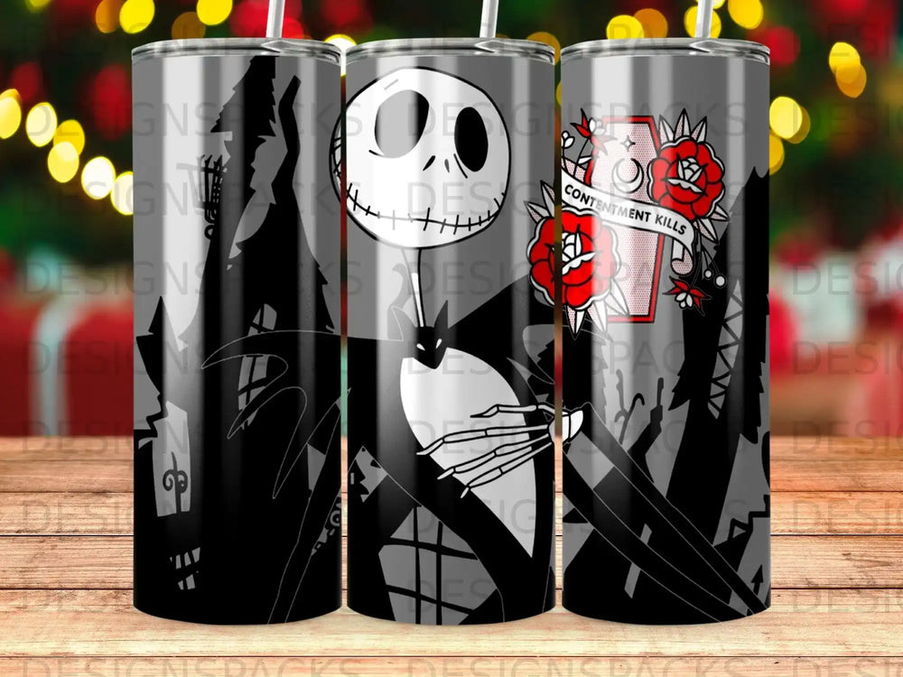 Jack Skellington and coffin graphic tumbler with "Contentment Kills" text.