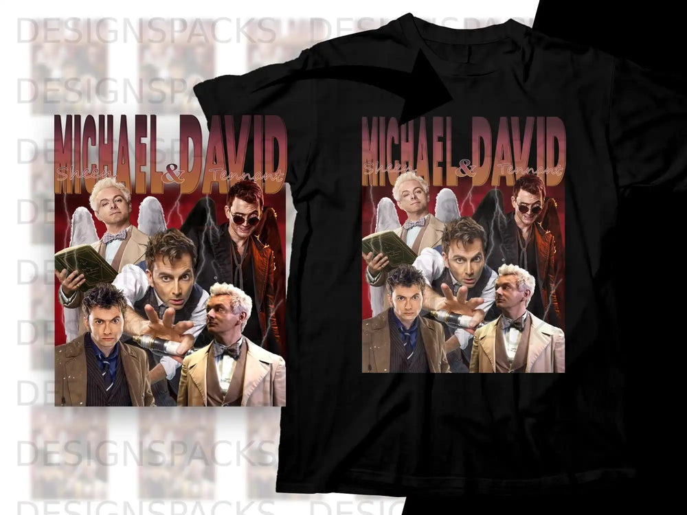 T-shirt graphic with multiple characters including angels and a man in a suit.