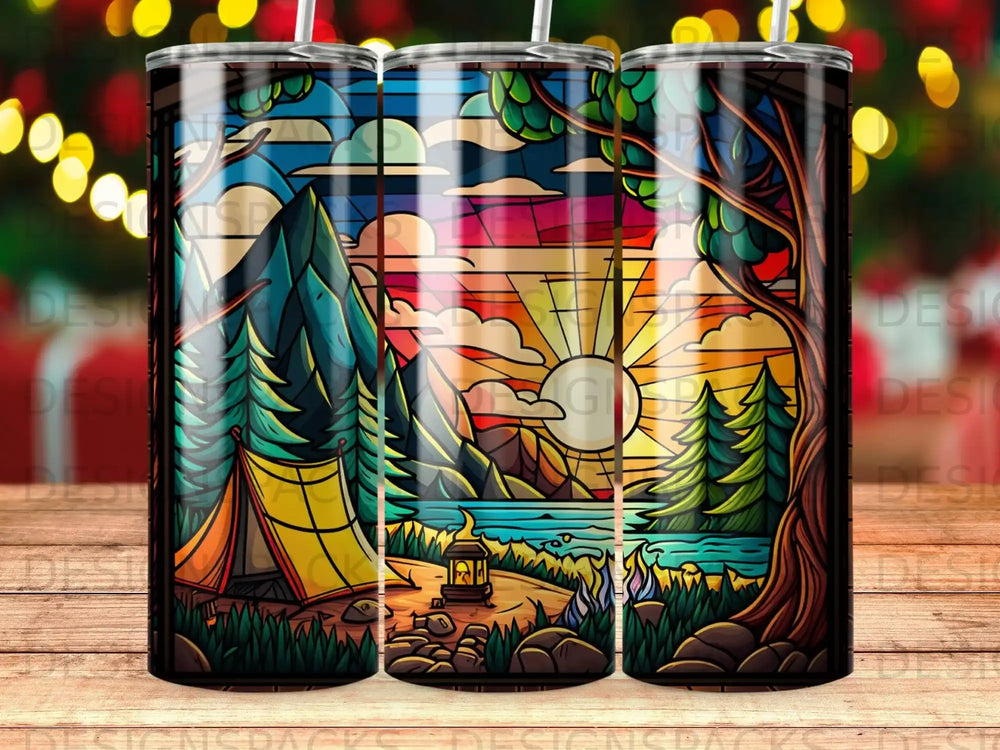 Camp scene with tent, mountains, lake, and vibrant stained-glass sunset.
