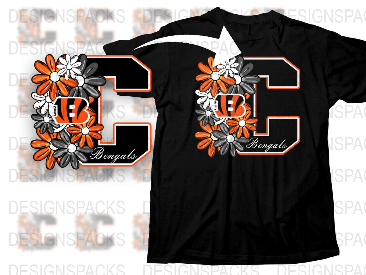 Cincinnati Bengals Floral Design T-Shirt, Orange Black Team Spirit, Sports Fan Apparel, Custom Initials Football Shirt