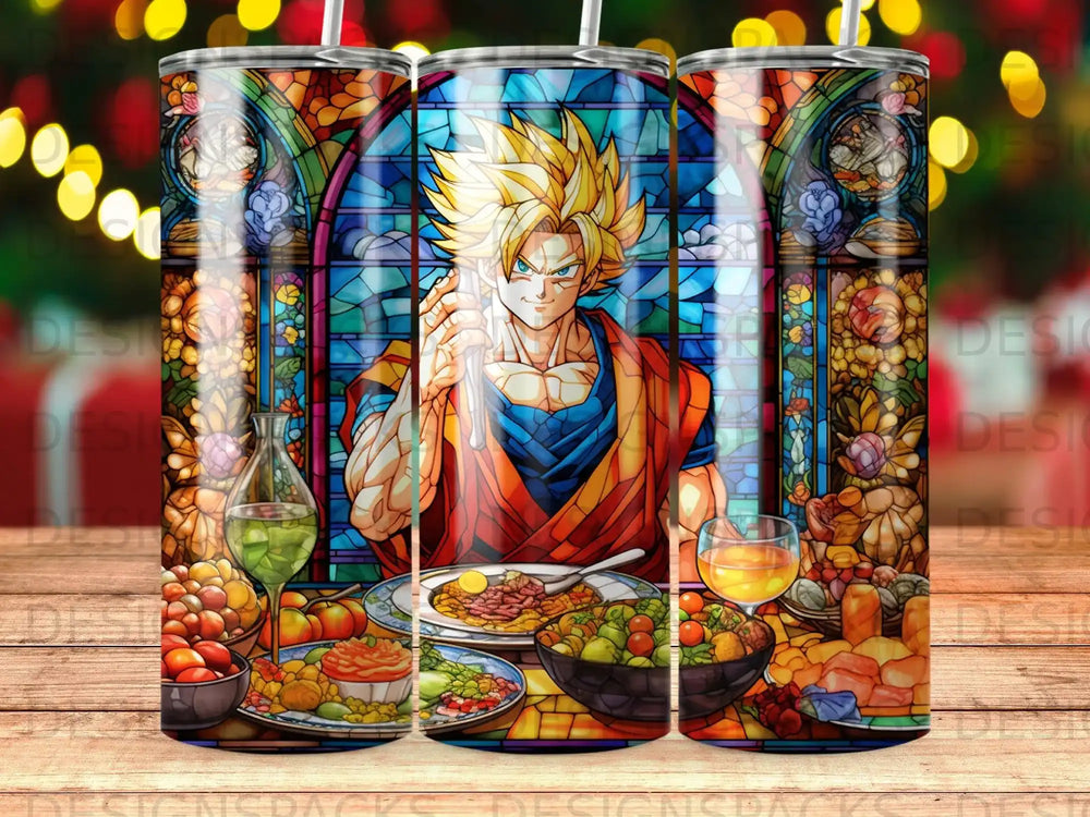 Stained glass art of Goku in an orange gi, with a feast spread before him.