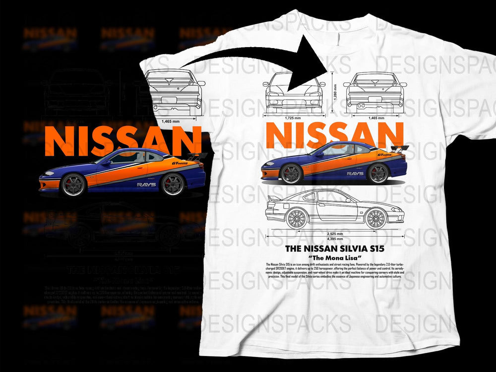 Nissan Silvia S15 Graphic T-Shirt, Automotive Enthusiast Apparel, White Tee with Car Blueprint Design