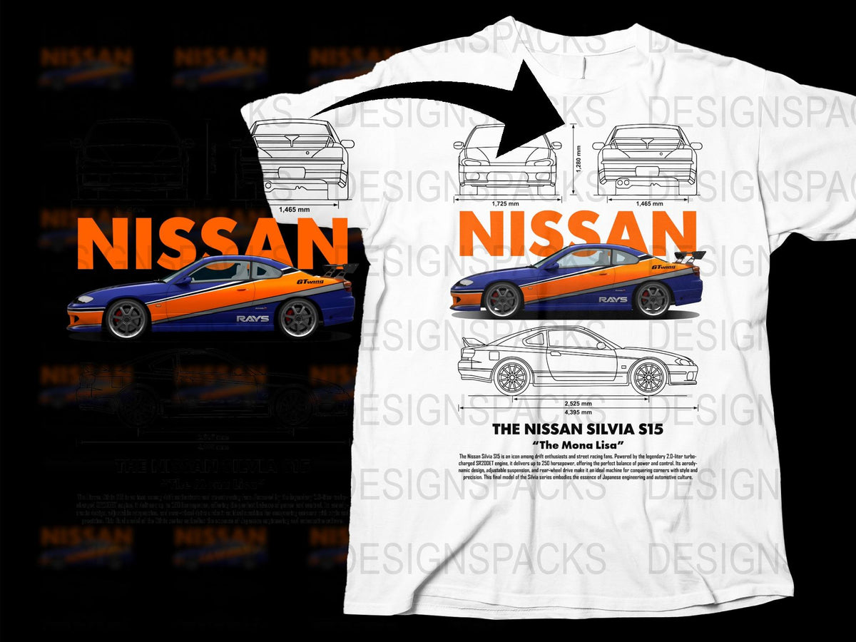 Nissan Silvia S15 Graphic T-Shirt, Automotive Enthusiast Apparel, White Tee with Car Blueprint Design
