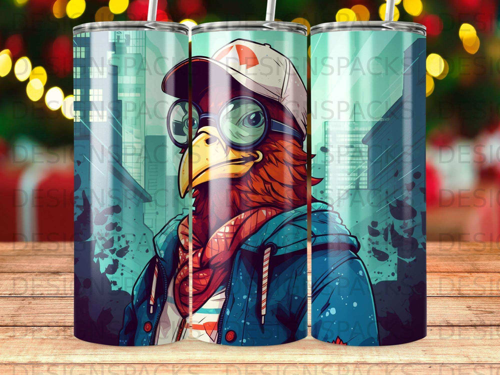 Cartoon chicken wearing glasses, baseball cap, and scarf, standing in front of city skyline.