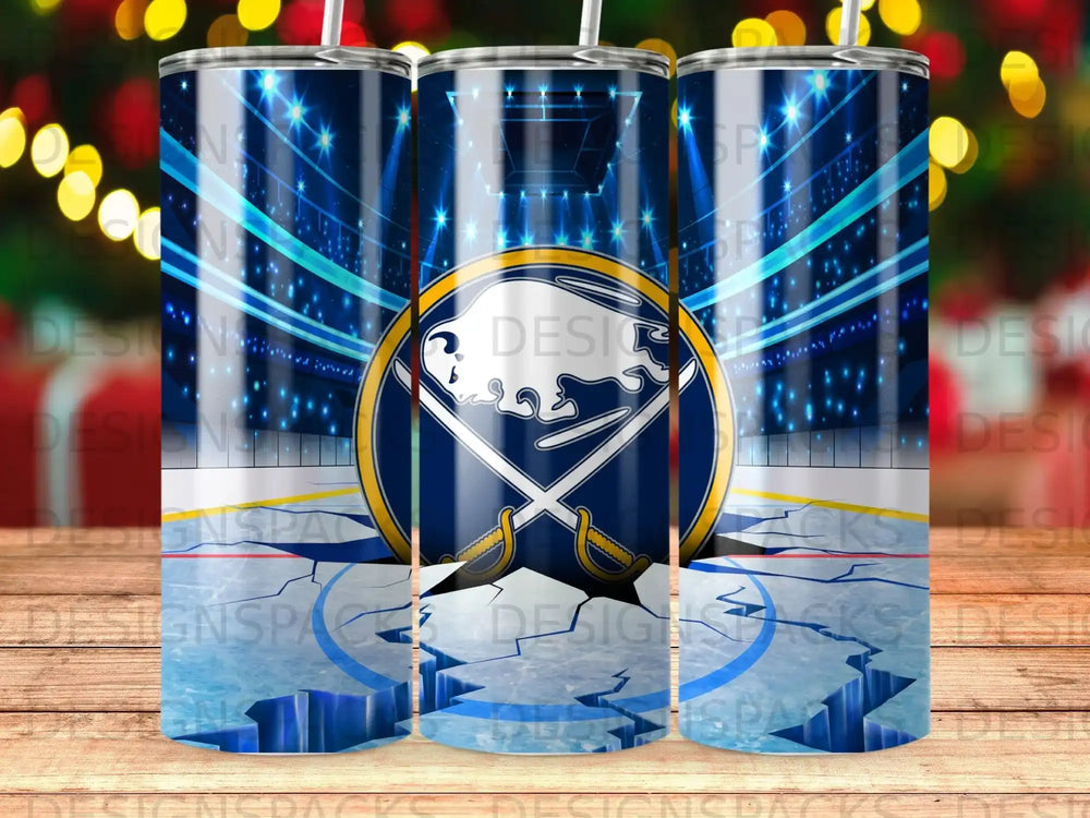 Buffalo Sabres logo on cracked ice rink with stadium lights.