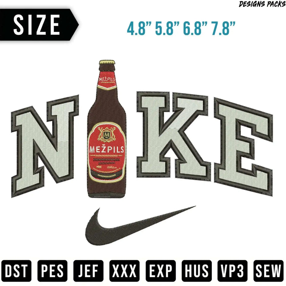 Nike logo with Mežpils beer bottle and sizes.