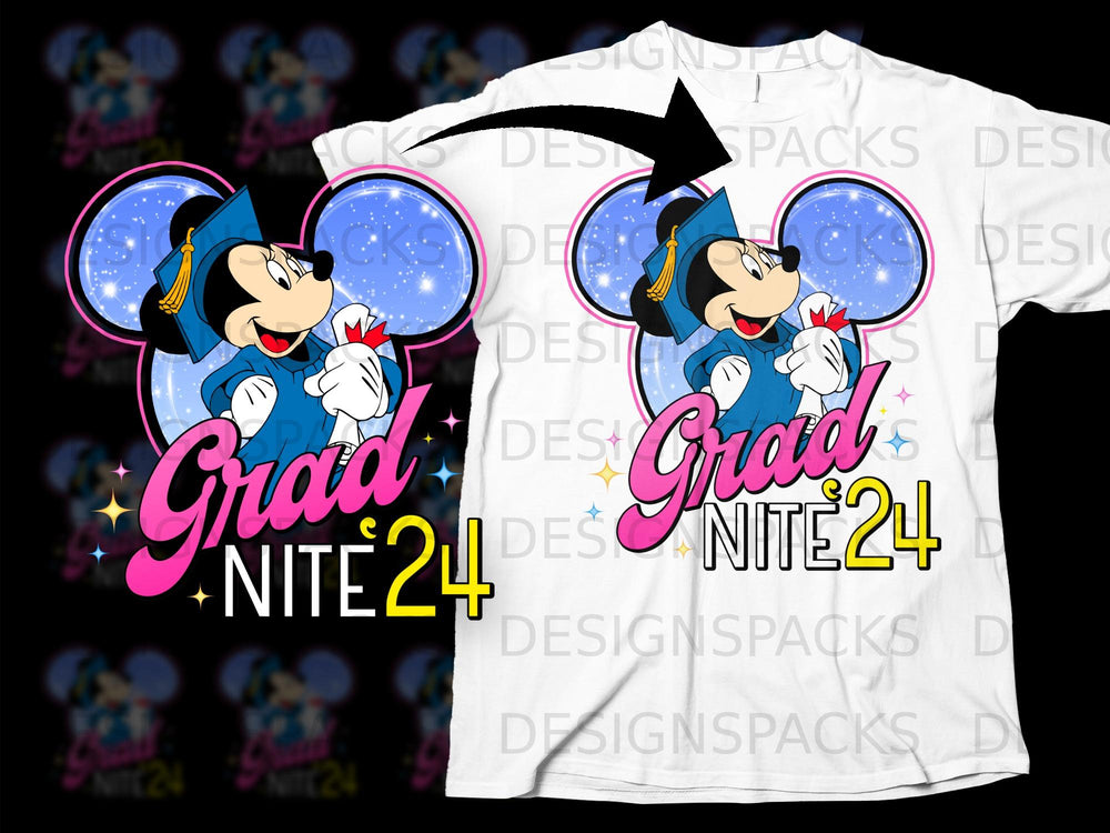 Minnie Mouse in graduation cap and gown, holding diploma, text "Grad Nite 24".