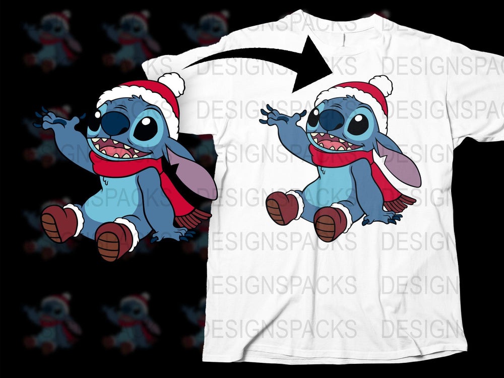 Festive Santa Hat Stitch Graphic T-Shirt, Cute Alien Christmas Tee, Holiday Casual Wear for All Ages
