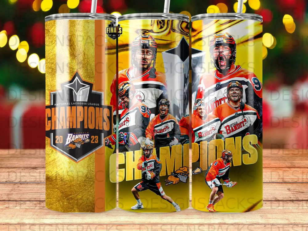 Buffalo Bandits 2023 NLL Champions tumbler with player graphics and trophy.