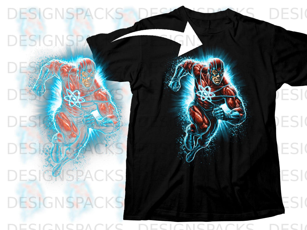 Black t-shirt with Atomic Man graphic in blue and red energy.