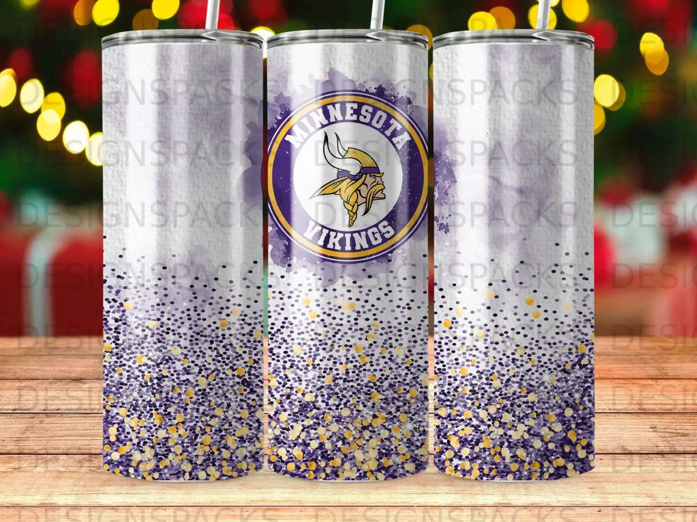 Minnesota Vikings tumbler with purple and gold glitter.