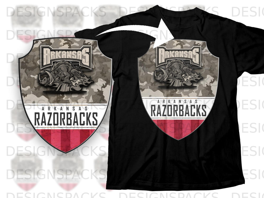 Black t-shirt with Arkansas Razorbacks shield logo on camouflage background.