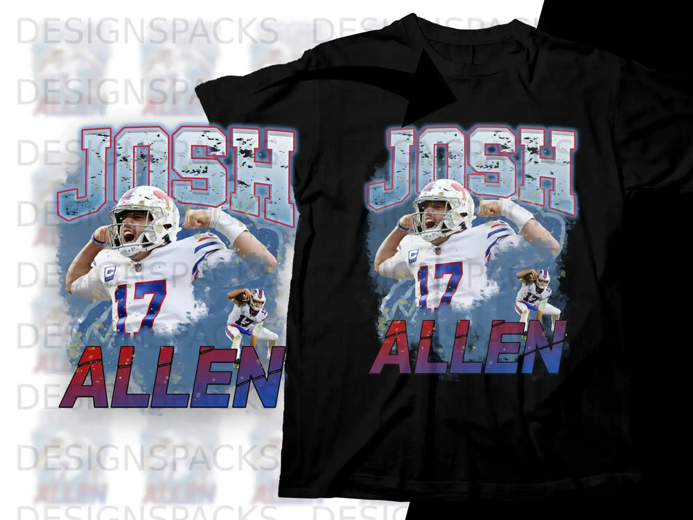 Josh Allen wearing a Buffalo Bills uniform on a black t-shirt.
