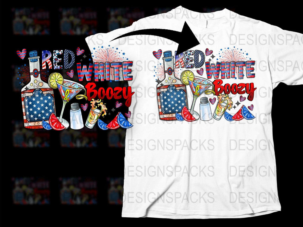 Red White and Boozy T-Shirt, Patriotic Drinking Graphic Tee, Fourth of July Party Shirt, USA Flag Design, Summer Celebration Top
