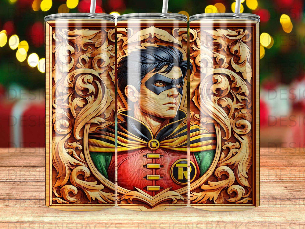Robin character illustration in ornate golden frame on a tumbler.