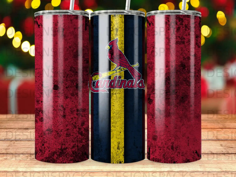 St. Louis Cardinals tumbler with red grunge and blue stripe.